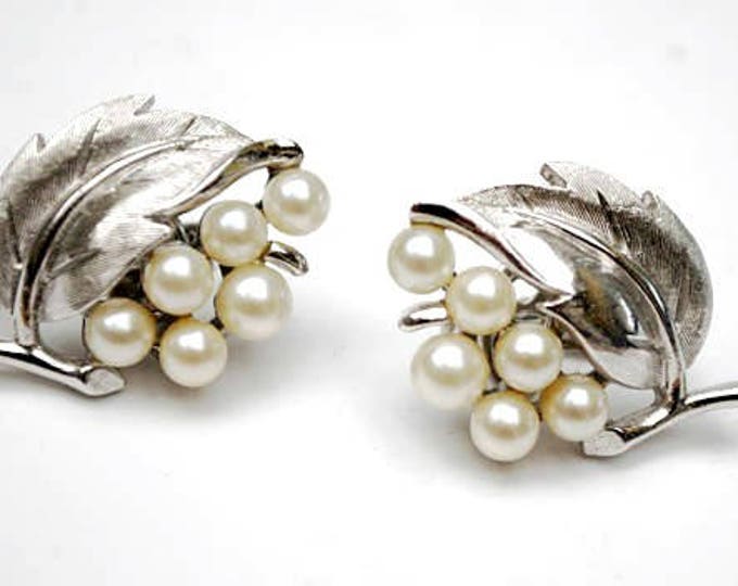 Trifari Rhinestone Clip on Earrings - White pearl - Silver leaf - Mid Century Crown Trifari Jewelry