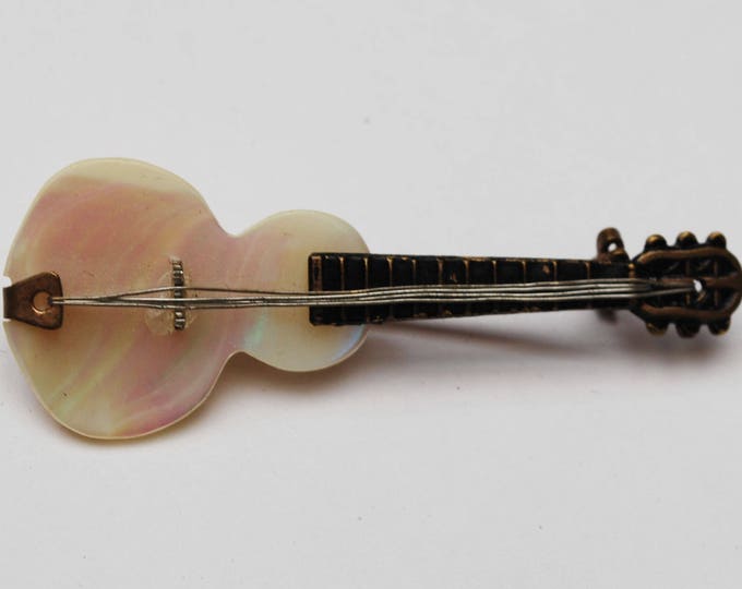 Guitar Brooch - Mother Of pearl - Signed Japan - white MOP - black enameling - gold brass - music Pin