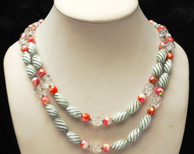 Hobe Glass Bead Necklace - double strand - green white milk glass- Orange coral AB - Clear nugget - chain -multi strand