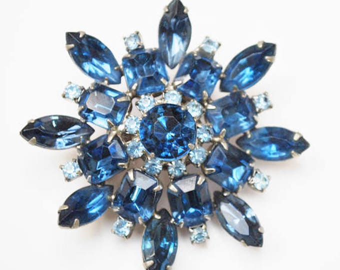 Blue Rhinestone Flower Brooch - Mid Century - silver metal - blue crystal - 2 1/4 inch - Atomic Pin