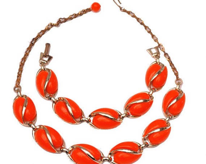 Neon Orange Thermoset Necklace Bracelet set - light gold metal - Mid Century -
