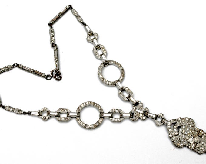 Art Deco Rhinestone necklace - Silver Pot metal - Geometric shape links -Vintage paste pave crystal