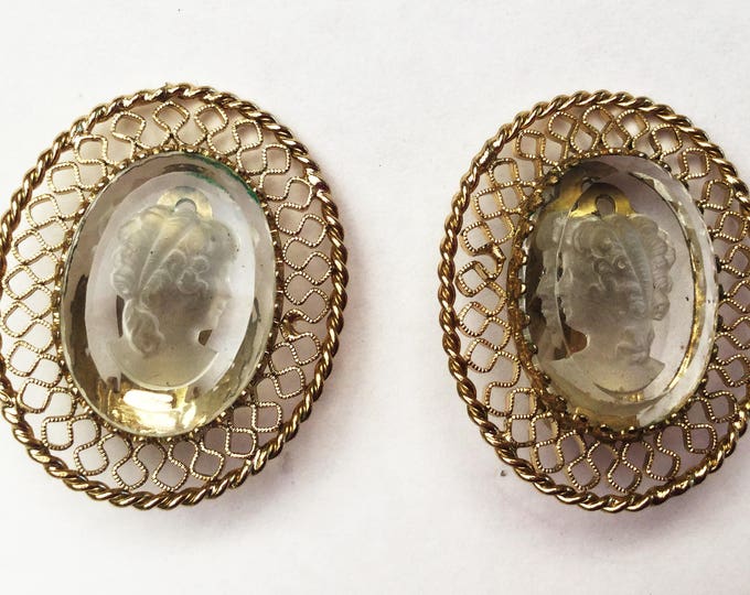 Intaglio Cameo Earrings - Carved clear glass - Signed Whiting and Davis - Gold Filigree - Clip on earrings