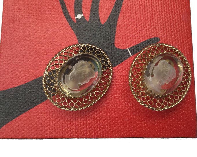 Intaglio Cameo Earrings - Carved clear glass - Signed Whiting and Davis - Gold Filigree - Clip on earrings