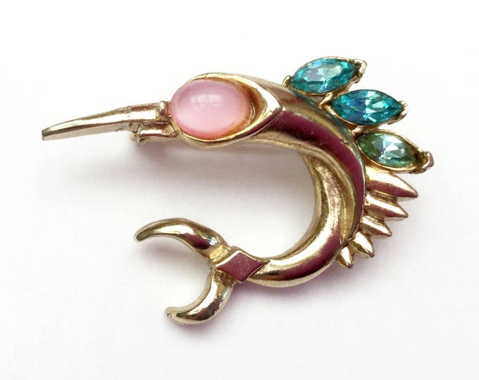 Coro Sword Fish Brooch - Gold -Pink Blue Rhinestone - Signed figurine fish pin