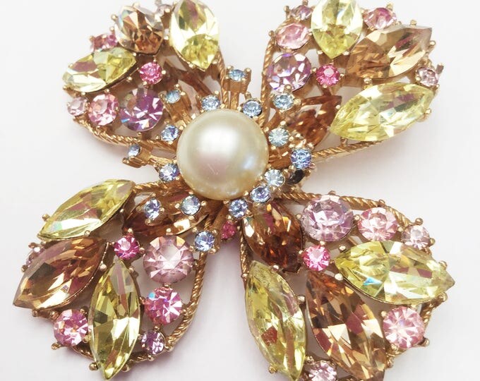 Crown Trifari Rhinestone Brooch - Maltese Cross- White Pearl - Yellow pink blue chamagne crystals - gold - floral pin