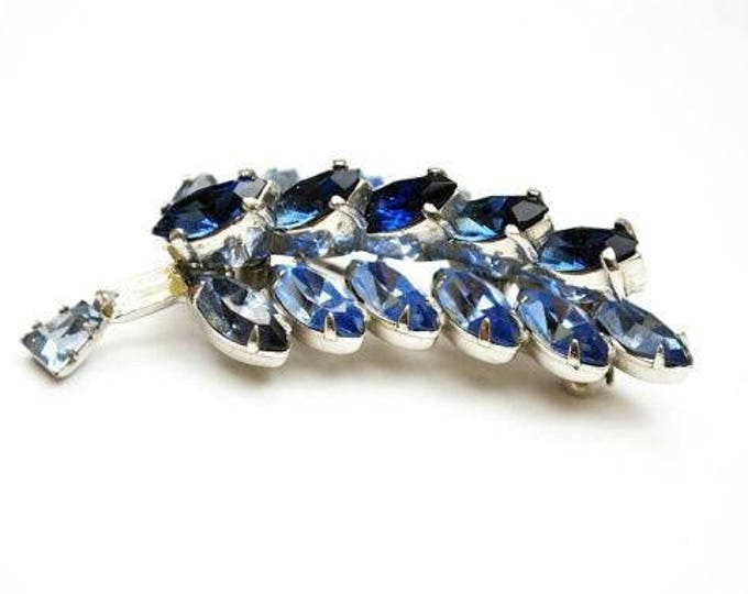 Blue Rhinestone Brooch - Flower Leaf floral pin - silver tone - mid century