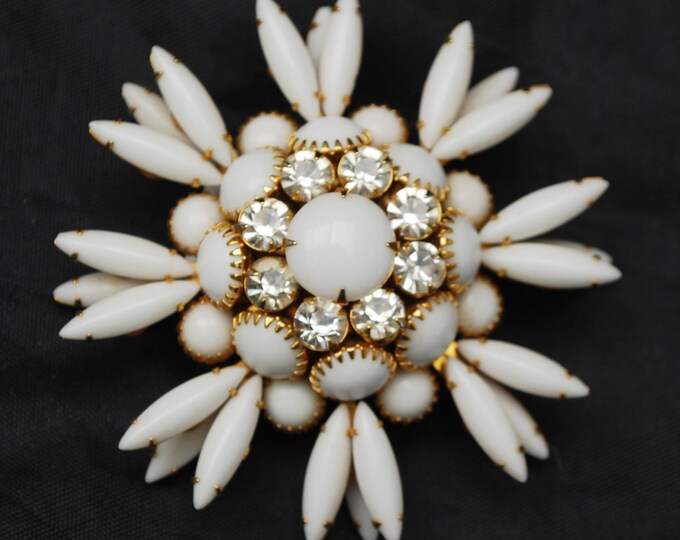 White Milk Glass Flower Brooch - Atomic Pin - Snow Fake - Clear rhinestone - Mid Century