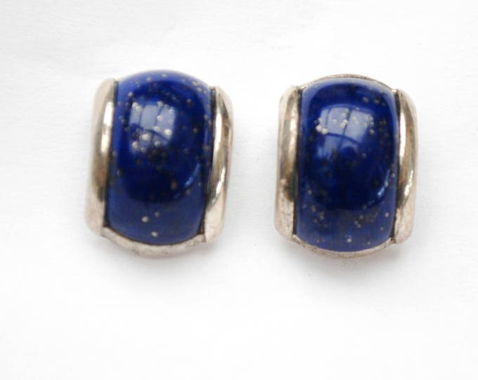 Lapis Sterling Earrings - half Hoop - Blue gemstone inlay - signed China - Pierced Earrings