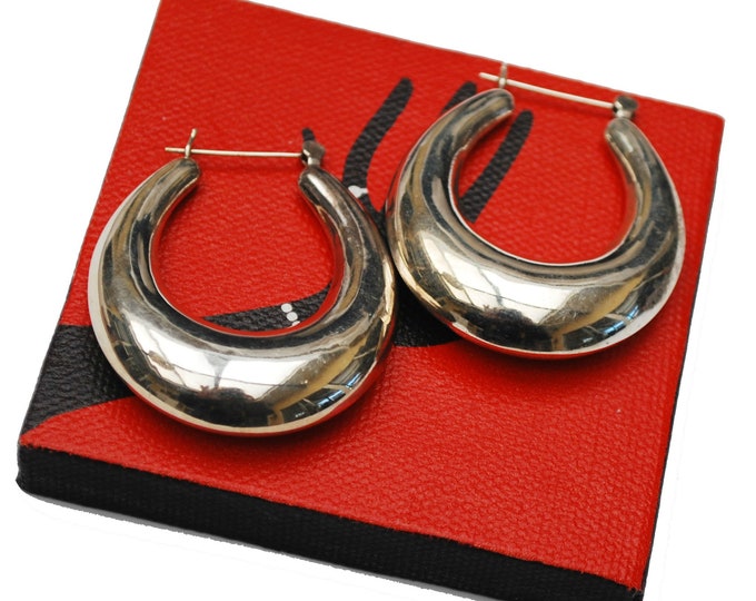 Large Sterling Hoop Earrings - hollow sliver hoops - Modernistic design - Signed 925- pierced earrings
