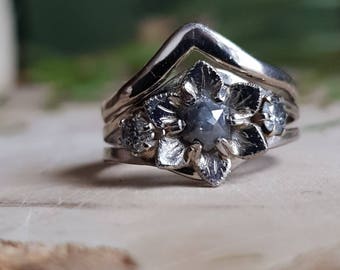 Grey Hexagon Diamond woth Salt and Pepper Accent Diamonds Chevron Wedding Band and Flower Engagement Ring Bridal Set Unique Millgrain