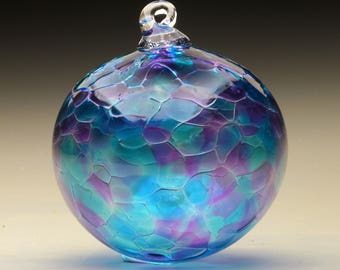 hand made blown glass Christmas ornament in tones of purple and blue, Luscious