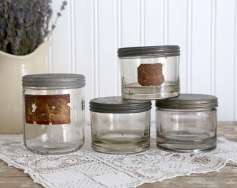 Vintage Glass Jars with Zinc Lids, Glass Jelly or Jam Jars, Set of 4 Jars, Glass Canning Jars, Vintage Kitchen Storage, Office Storage Jar