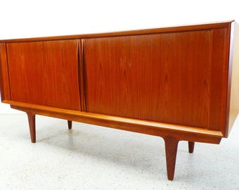 mid century Danish modern Bernhard Pedersen teak long low credenza sideboard with tambour doors