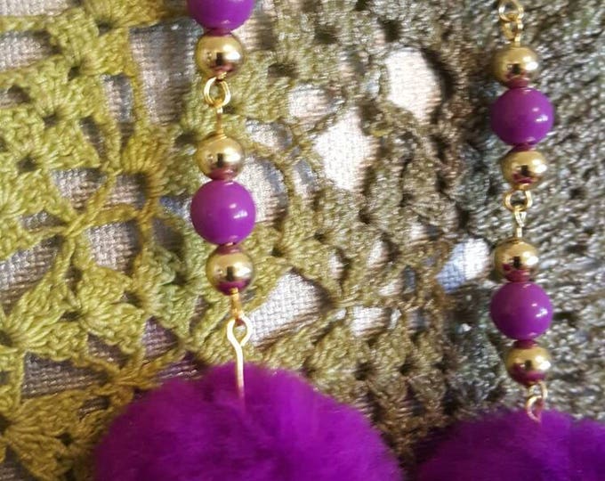 BRIGHT Plum Purple Pom Pom Earrings 3 Inch Dangle Gold plated Metal Acrylic Beads.