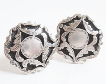 DECO Vintage 1940s MEXICO Sterling Silver Chased Floral Cuff Links PLAFINA Assay Hallmark Suitable For Signet Monogram Nouveau Cufflinks 18g