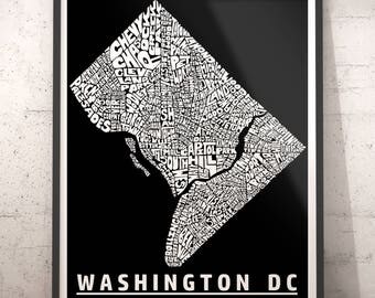 Washington DC map art, Washington DC art print, Washington DC typography, Washington dc neighborhood map with title, several color options