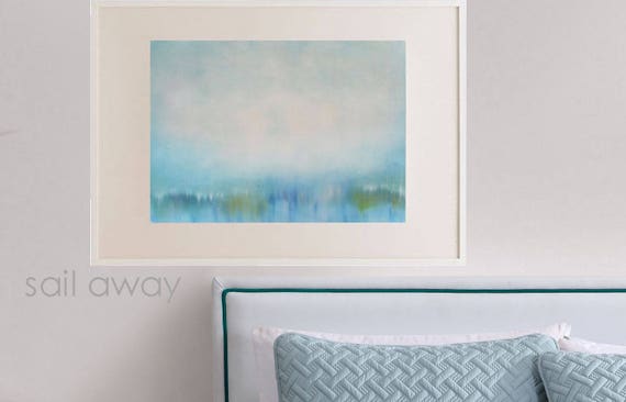 Original Oil Landscape Art Painting, Modern Waterscape, Impressionist Style, Wall Hanging Canvas Bedroom Living Room Sky Soft Blue Green USA