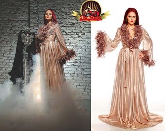 robe feathers satin bridal trimmed angel dressing gown hollywood sleeve stage shiny dress
