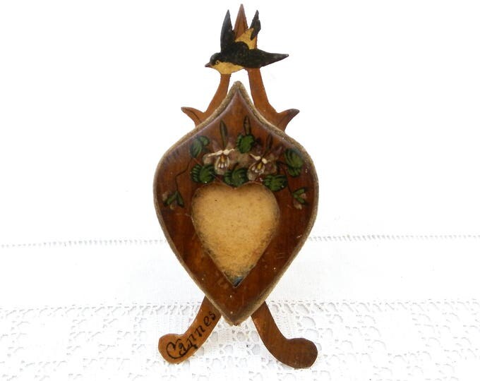 Small French Antique Heart Shaped Painted Treen / Wooden Victorian Picture Frame Souvenir from Cote D'azur Town of Cannes in South of France