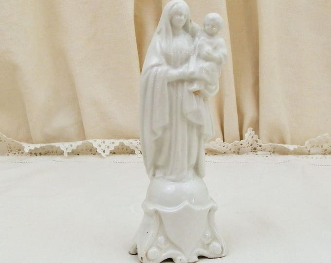 Antique French Bone China Madonna Statue White Glaze, Religious Porcelain de Paris Mother and Child Statue Made in France, Virgin Mary