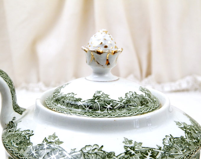 Antique French Victorian Ceramic Coffee Pot with Ivy and Wild Rose Pattern in Dark Green by Saint Amand et Hamage Estival, Pottery China Pot