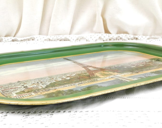 Vintage 1930s Metal Serving Tray Souvenir of Paris with Eiffel Tower View of the River Seine and the City Green and Gold Edge