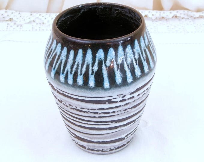 Vintage Mid Century Hand Decorated Pottery Vase in Black Glaze with Pale Blue and White Slip, Retro 1960s West German European Ceramics