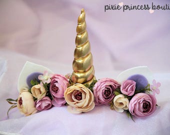 Whimsical Whinny - Unicorn Headband, Unicorn Horn Headband, Newborn, Infant, Pink, Gold, Photography Prop, Newborn Halo, Flower Halo, Floral