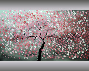 Acrylic Art Painting ,Red Cherry Blossoms, 72 x 40, Abstract Painting, Flowers, Large Painting Canvas Wall Art, FREE SHIPPING Ettis Gallery