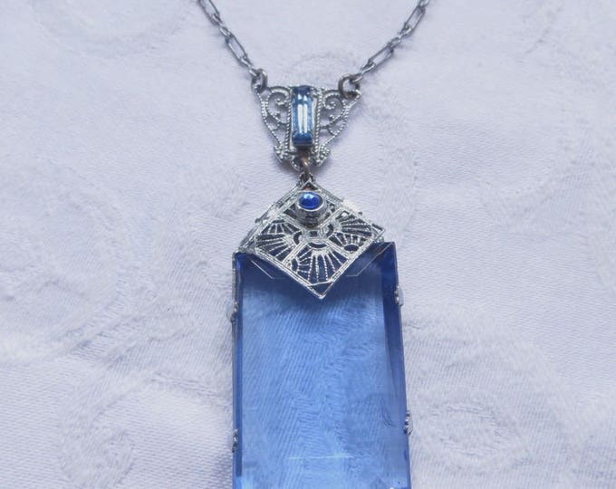 Antique Art Deco Necklace, Cobalt Blue Emerald Cut Pendant, Rhodium Filigree Setting, Beaded Chain