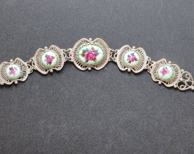 Sterling Cannetille and Porcelain Bracelet, Filigree with Rose Panels, Garden Wedding, Vintage Bracelet