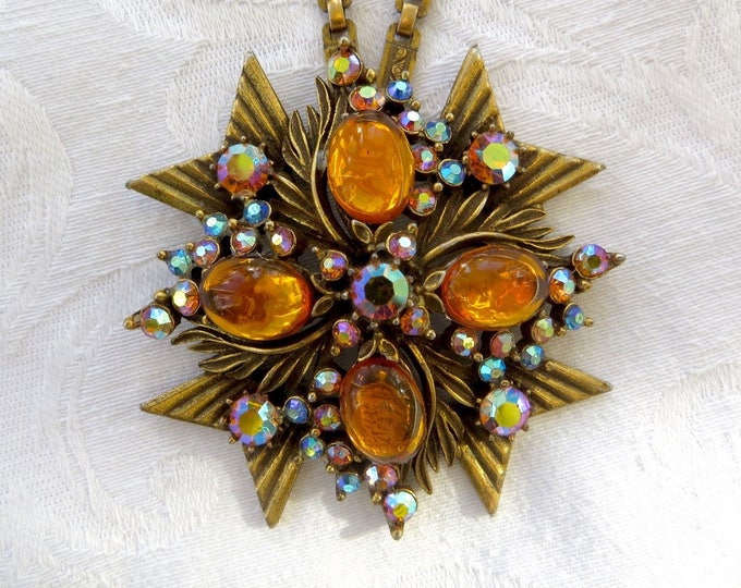 Florenza Maltese Cross Necklace, Amber Cabs Aurora Borealis Stones, Vintage Designer Signed, Heraldic Jewelry