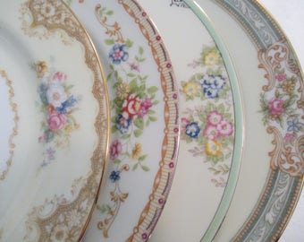 Vintage Shabby Mismatched China Salad Plates, Cottage Chic,Wedding,Tea Party,Bridal Luncheon,Showers,Hostess Gift,Bridesmaid Gift - Set of 4