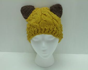 Mustard Yellow Knit Hat with Brown Ears