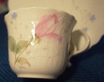 Subtle Pink Rose Buds and Periwinke Blue Forget-me-nots Mesmerize With a Delicatly Embossed Vintage Tea Cup/Saucer Mikasa April Rose Japan