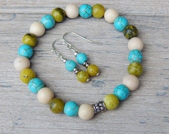 Turquoise Jewelry Set, Matching Bracelet and Earrings, Lime Green Jewelry, Turquoise Jewelry, Boho Bead Bracelet Set, Multi-Stone Bracelet