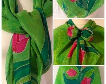 Unique and Hand painted Crepe de chine Silk Scarf with Flowers