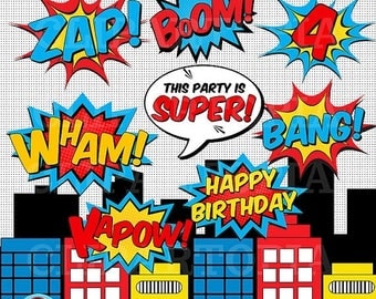 50% OFF SALE Superheroes Pop Art Text and Bubbles Clipart / Super hero Text and bubbles digital clip art / Superhero photobooth props