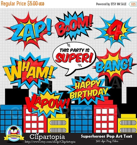 50% OFF SALE Superheroes Pop Art Text and Bubbles Clipart / Super hero Text and bubbles digital clip art / Superhero photobooth props Il_570xn
