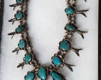 Huge 9 oz. Antique 1930's Navajo Old Pawn Sterling Silver Squash Blossom Necklace with Fox Mine Turquoise, Old Pawn