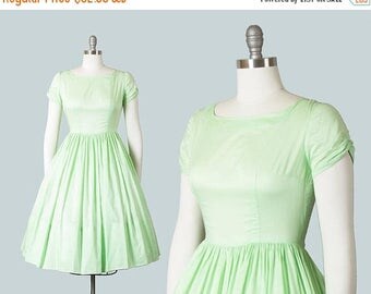 20% OFF SALE Vintage 1950s Dress | 50s Mint Green Cotton Fit and Flare Full Skirt Day Dress (small)