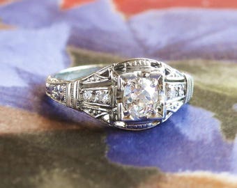 Vintage Art Deco 1930's Old Mine European Cut Diamond Engagement Wedding Anniversary Ring 18k White Gold
