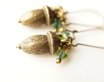 Earrings, brass acorn dangle earrings