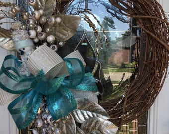 Floral wreath, aqua and gold wreath, snowman wreath, front door wreath, Christmas wreath, winter wreath