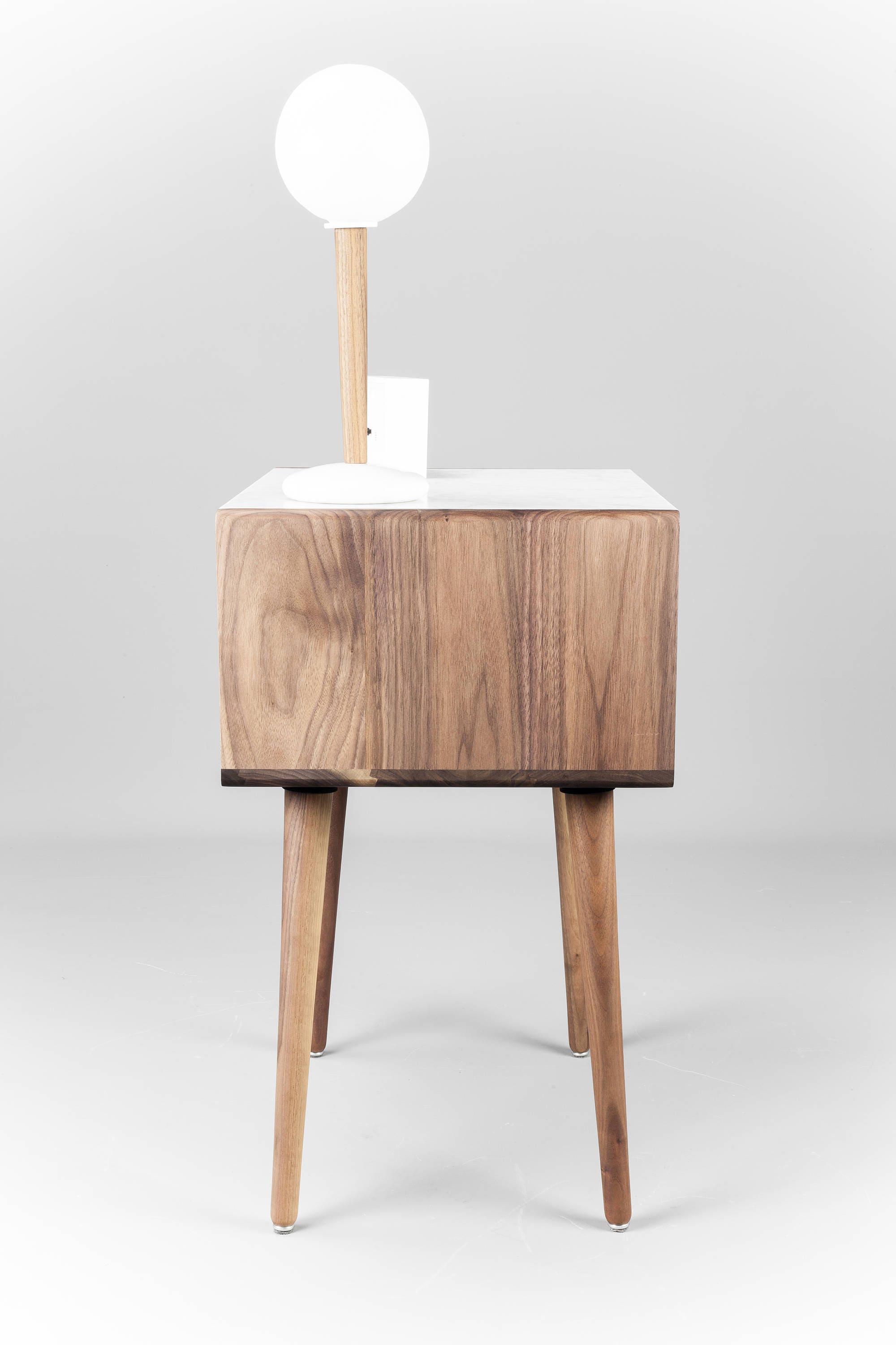 Mid Century Nightstand with Drawer in Walnut and Carrara marble top