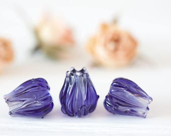 Flower Lampwork Beads - 3 pcs - Purple Lampwork Beads - Lampwork Rose Beads - Tulip Beads - Flower Beads - Purple Glass Beads -