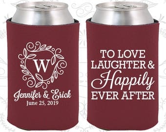 Wedding Can Coolers (C61) Love Laughter and Happily Ever After - Monogram - Personalized Can Coolers, Custom Can Coolers, Wedding Favors
