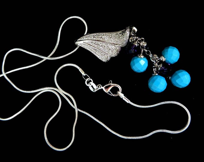 Sterling Silver Beaded Pendant, Vintage Fan Pendant, Sterling Silver Necklace, Dangling Bead Pendant
