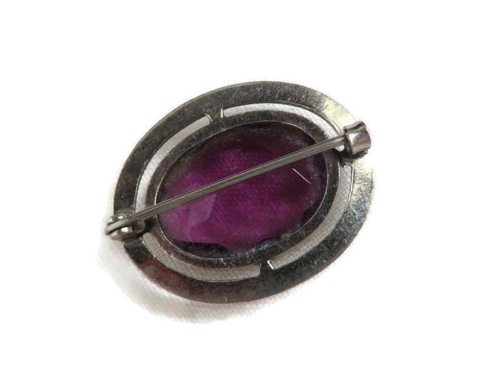 Faux Amethyst Brooch, Vintage Silverplated Oval Pin, Purple Crystal Brooch, Etched Pin